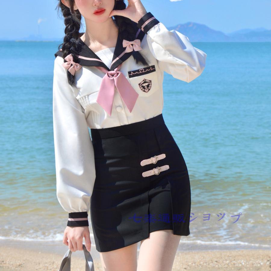 コスプレ セーラー服 韓国制服 女子高校生 衣装 jk 長袖 スカート リボン 3点セット 大人 コスチュームセット 仮装 学生服 - 画像 (2)