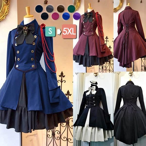 ロリータ ビッグカラー ワンピース単品 クラロリ ゴスロリ 長袖あり 袖付き Aライン Lolita リボン フリル裾 クリスマス レディース コスチューム 衣装