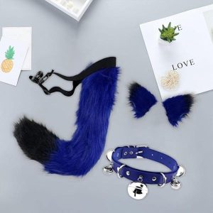 フェイクファー 耳と尻尾セット コスプレ コスチューム かぶと プラッシュ ステージショー ブルー ブラック