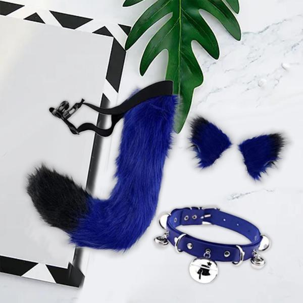 フェイクファー 耳と尻尾セット コスプレ コスチューム かぶと プラッシュ ステージショー ブルー ブラック - 画像 (2)