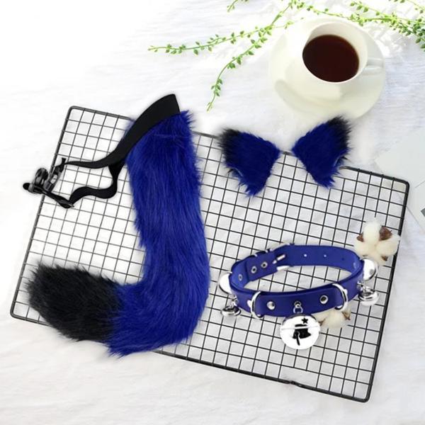 フェイクファー 耳と尻尾セット コスプレ コスチューム かぶと プラッシュ ステージショー ブルー ブラック - 画像 (3)