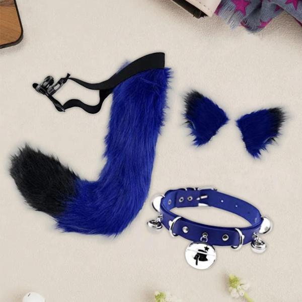 フェイクファー 耳と尻尾セット コスプレ コスチューム かぶと プラッシュ ステージショー ブルー ブラック - 画像 (4)