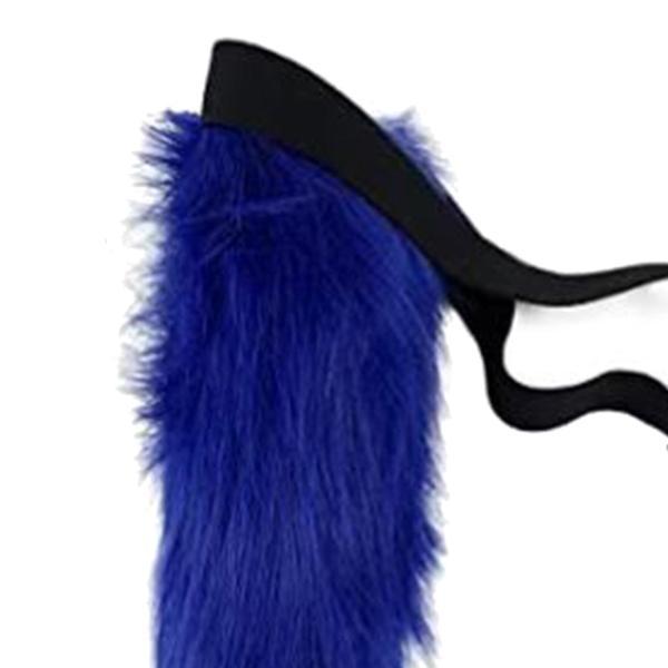 フェイクファー 耳と尻尾セット コスプレ コスチューム かぶと プラッシュ ステージショー ブルー ブラック - 画像 (5)
