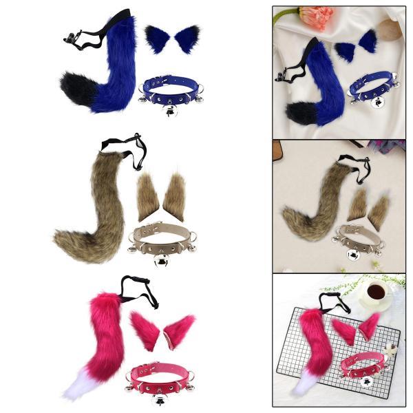フェイクファー 耳と尻尾セット コスプレ コスチューム かぶと プラッシュ ステージショー ブルー ブラック - 画像 (7)