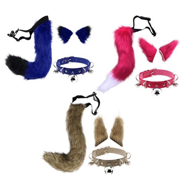 フェイクファー 耳と尻尾セット コスプレ コスチューム かぶと プラッシュ ステージショー ブルー ブラック - 画像 (8)