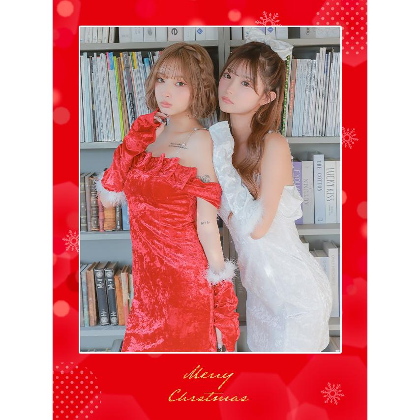 Tika サンタ コスプレ サンタコス 4点set パールキャミ デコルテ リボン オフショル ガーリーペア タイト ベロア サンタコスプレドレス