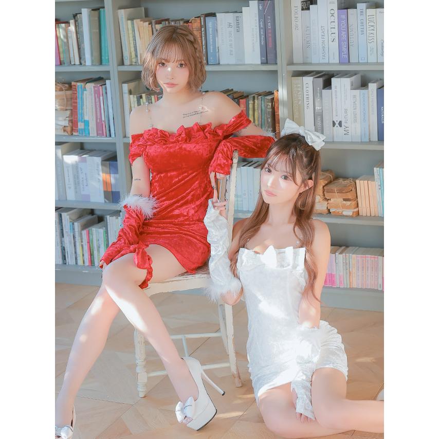 Tika サンタ コスプレ サンタコス 4点set パールキャミ デコルテ リボン オフショル ガーリーペア タイト ベロア サンタコスプレドレス - 画像 (3)