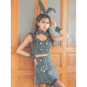 Tika ハロウィンコスプレ へそ出し ツイード チュール パールボタン 台形スカート ガーリーかわいい ペアバニー 6点セット
