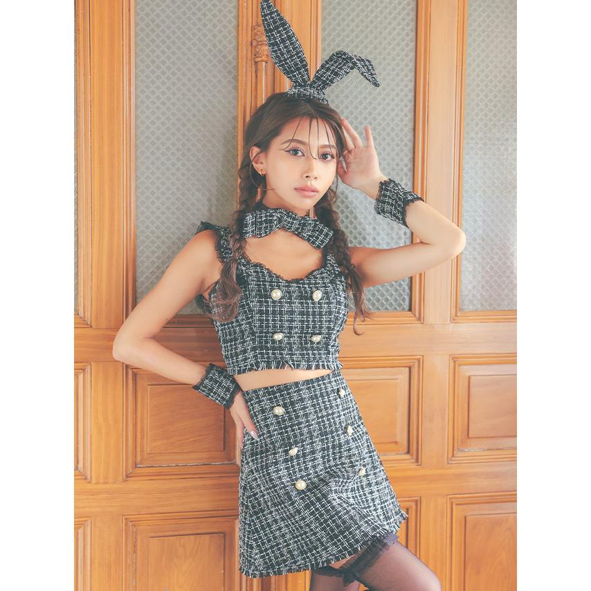 Tika ハロウィンコスプレ へそ出し ツイード チュール パールボタン 台形スカート ガーリーかわいい ペアバニー 6点セット