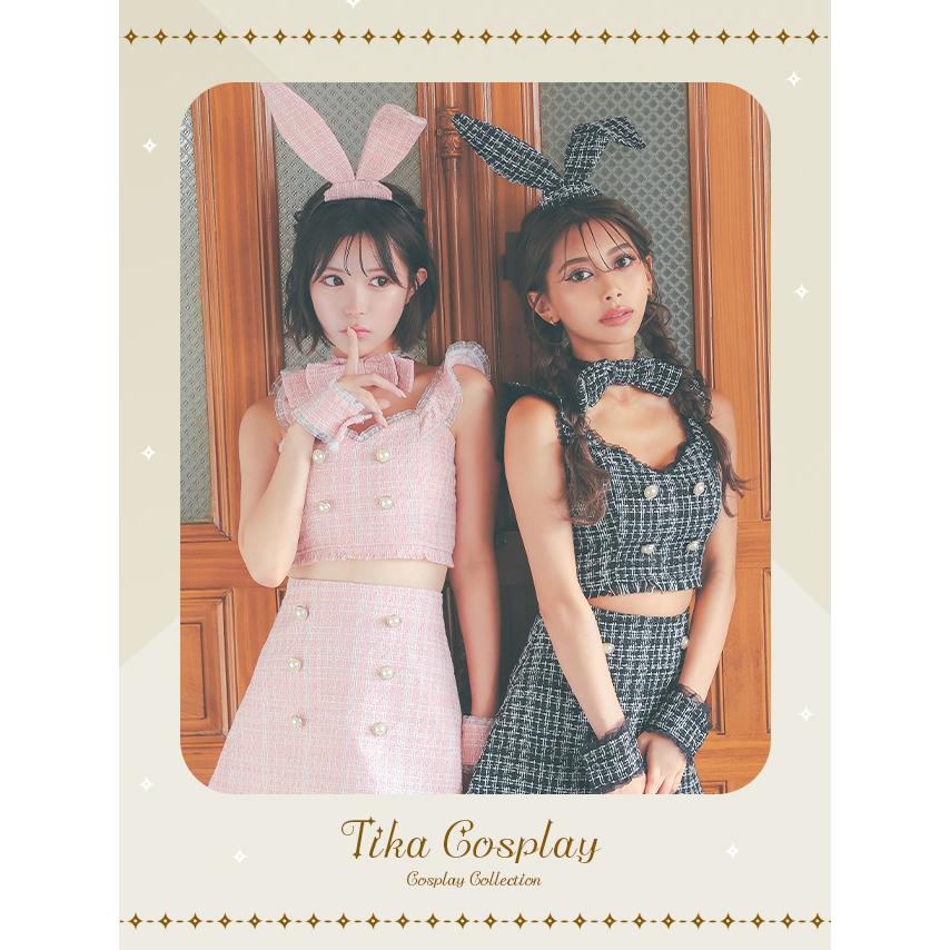 Tika ハロウィンコスプレ へそ出し ツイード チュール パールボタン 台形スカート ガーリーかわいい ペアバニー 6点セット - 画像 (2)