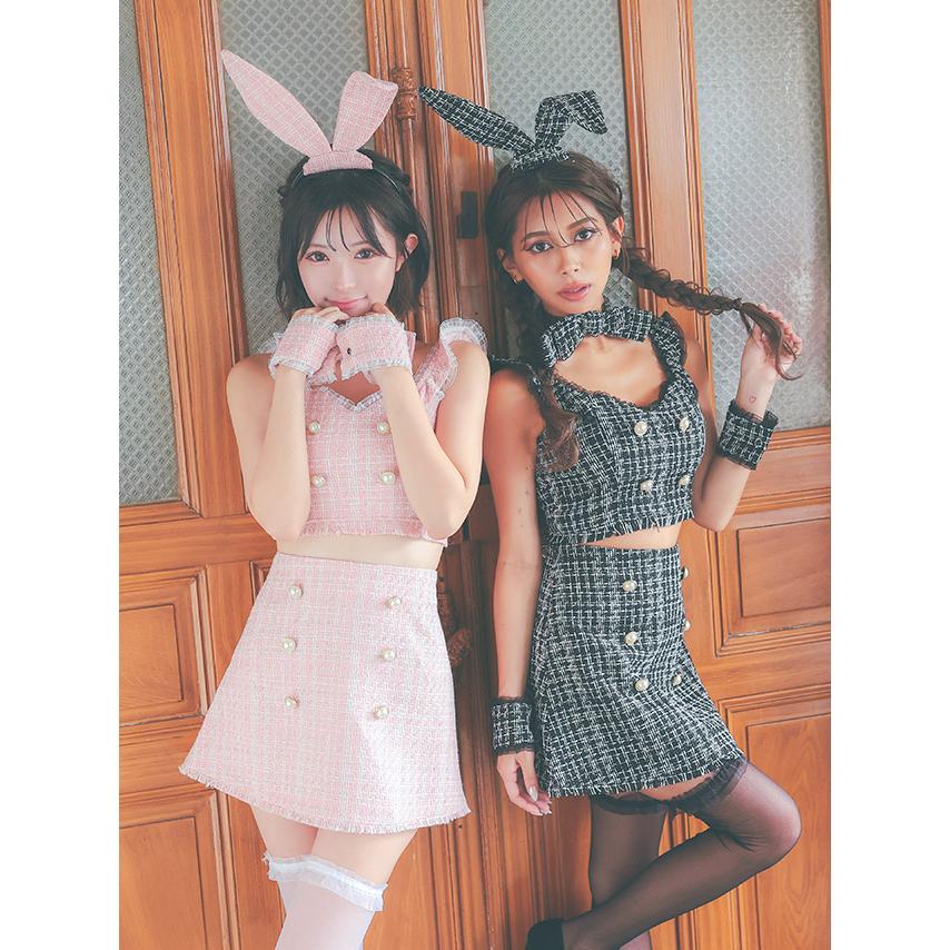 Tika ハロウィンコスプレ へそ出し ツイード チュール パールボタン 台形スカート ガーリーかわいい ペアバニー 6点セット - 画像 (3)