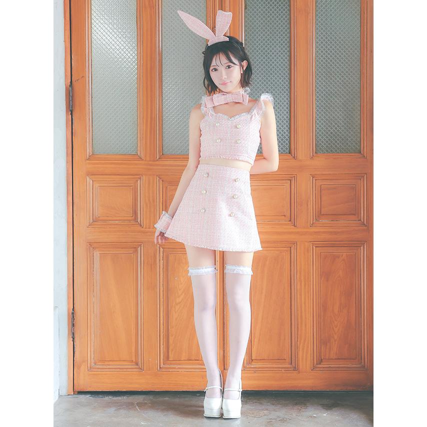 Tika ハロウィンコスプレ へそ出し ツイード チュール パールボタン 台形スカート ガーリーかわいい ペアバニー 6点セット - 画像 (6)