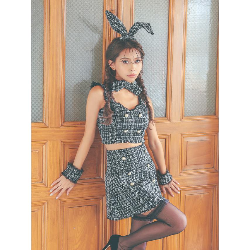 Tika ハロウィンコスプレ へそ出し ツイード チュール パールボタン 台形スカート ガーリーかわいい ペアバニー 6点セット - 画像 (8)