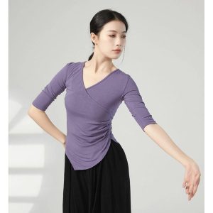 レディース ダンス 練習着 レッスンウエア 五分袖 tシャツ カットソー トップス Vネック 三角形裾 ストレッチ 動きやすい 無地 バレエ ヨガウエア 社交