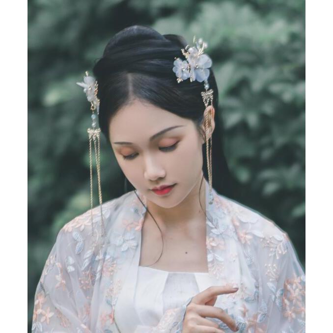 可愛いカチューシャ 中華髪飾り チャイナ風古代古典フリンジかんざし ペア(二個) 蝶&花 大人 子供通用 華流舞台ステージ道具 コスプレヘアアクセサリ - 画像 (2)