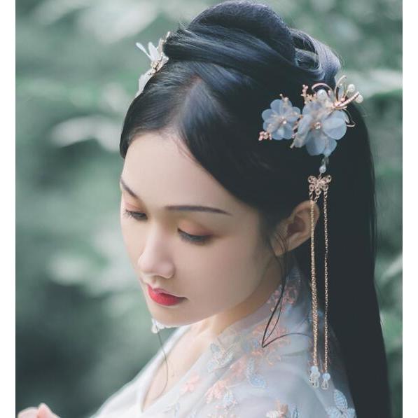 可愛いカチューシャ 中華髪飾り チャイナ風古代古典フリンジかんざし ペア(二個) 蝶&花 大人 子供通用 華流舞台ステージ道具 コスプレヘアアクセサリ - 画像 (3)