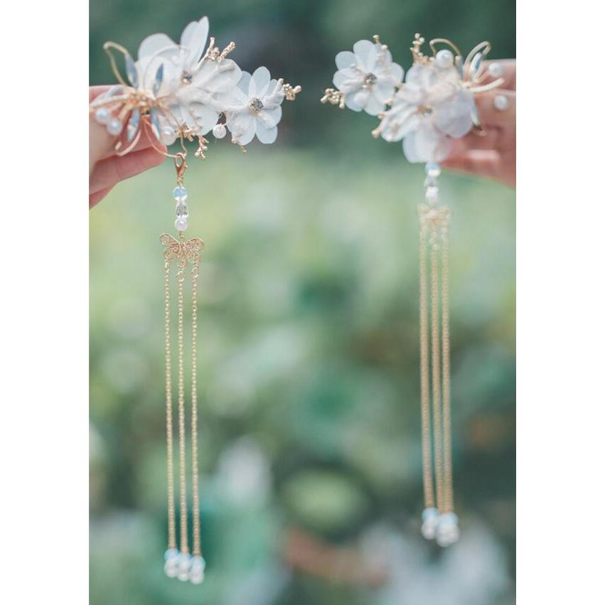 可愛いカチューシャ 中華髪飾り チャイナ風古代古典フリンジかんざし ペア(二個) 蝶&花 大人 子供通用 華流舞台ステージ道具 コスプレヘアアクセサリ - 画像 (4)