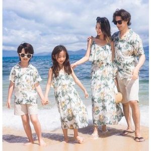 親子ペアルック 夏服 家族お揃いウエア アロハ 半袖シャツ+ショートパンツセット フレアロングワンピース 総柄 花柄 夏新作 ハワイ 沖縄 海 旅行 カジュアル美