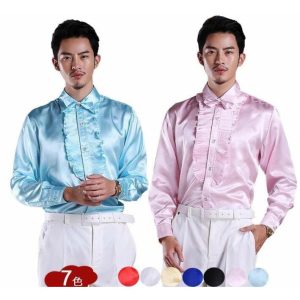 ステージ衣装 メンズ 社交ダンス衣装 ドレスシャツ タキシードシャツ サテン 光沢感あり フリル 長袖ワイシャツ 男性 大人 合唱服 カラオケ衣装 舞台衣装 舞台