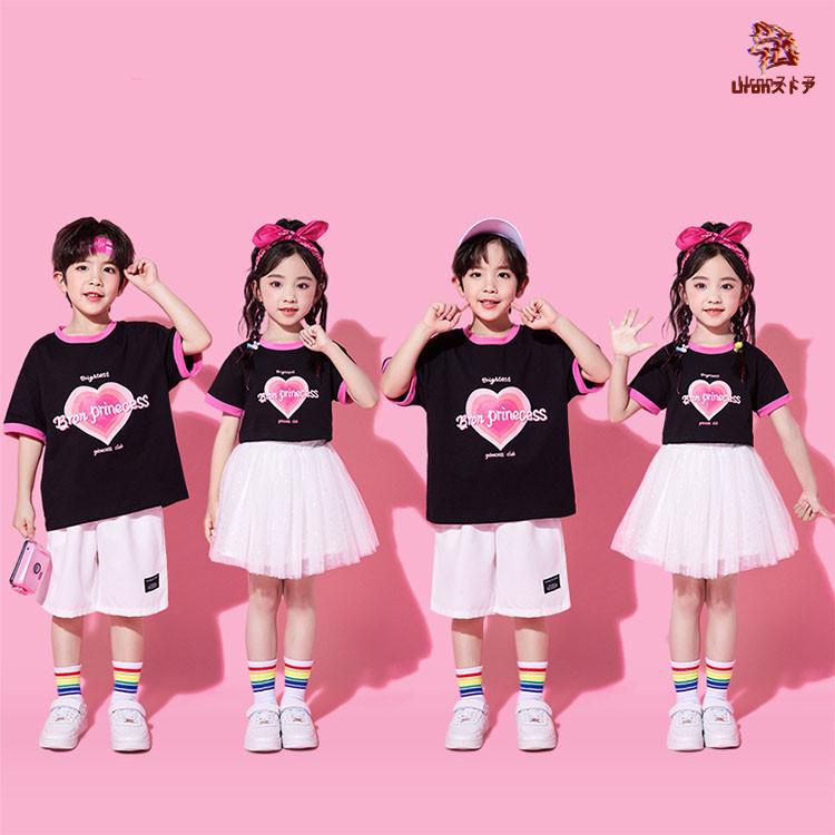 チア チアガール ブラック Tシャツ ホワイト スカート 短パンツ キッズ ダンス衣装 セットアップ 上下セット おしゃれ 女の子 男の子 子供 かっこいい かわいい - 画像 (2)