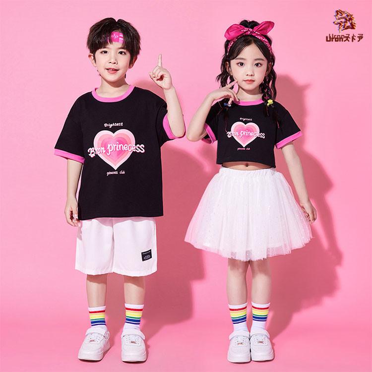 チア チアガール ブラック Tシャツ ホワイト スカート 短パンツ キッズ ダンス衣装 セットアップ 上下セット おしゃれ 女の子 男の子 子供 かっこいい かわいい - 画像 (3)
