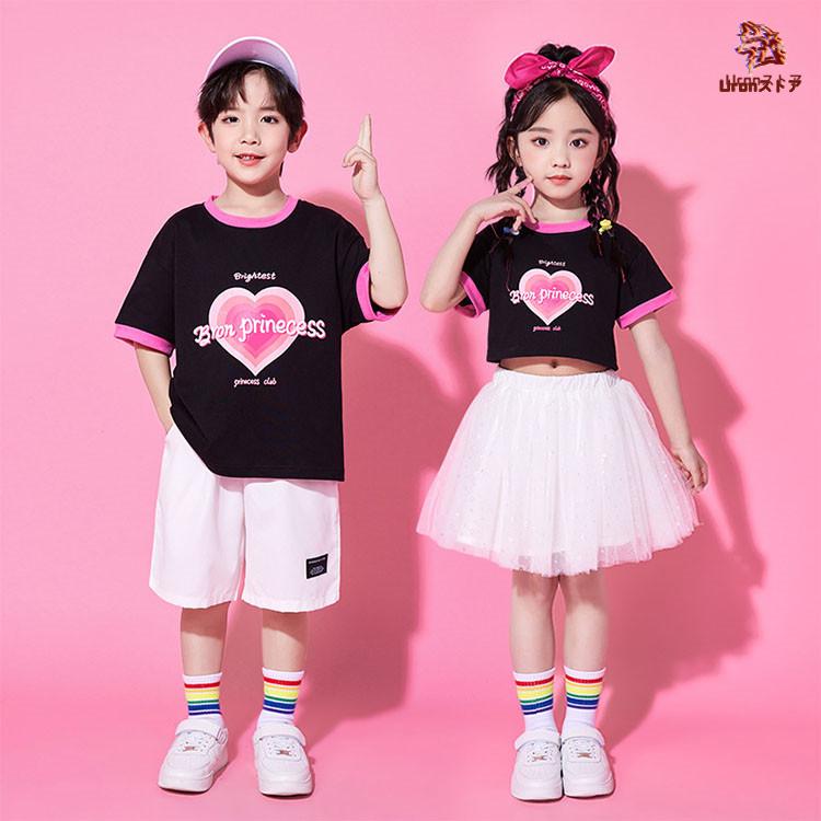 チア チアガール ブラック Tシャツ ホワイト スカート 短パンツ キッズ ダンス衣装 セットアップ 上下セット おしゃれ 女の子 男の子 子供 かっこいい かわいい - 画像 (4)