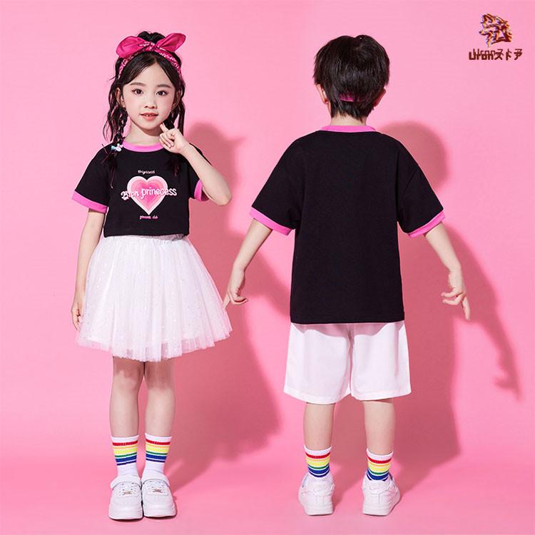 チア チアガール ブラック Tシャツ ホワイト スカート 短パンツ キッズ ダンス衣装 セットアップ 上下セット おしゃれ 女の子 男の子 子供 かっこいい かわいい - 画像 (5)