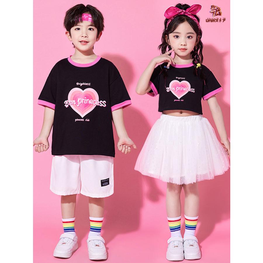 チア チアガール ブラック Tシャツ ホワイト スカート 短パンツ キッズ ダンス衣装 セットアップ 上下セット おしゃれ 女の子 男の子 子供 かっこいい かわいい - 画像 (8)